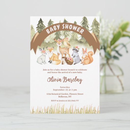 茶色と緑の森林動物の赤ちゃんシャワー 招待状 (スタンド正面)