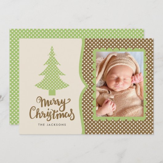 茶色と緑の水玉模様クリスマスフォト シーズンカード (正面/裏面)