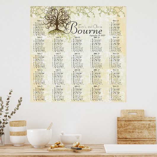 茶色と緑の渦巻き型ツリー披露宴の座席表 ポスター (キッチン)