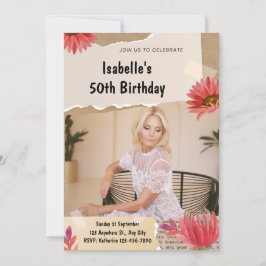 茶色と赤の水彩花模様の写真入りぼろ紙 招待状