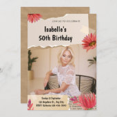 茶色と赤の水彩花模様の写真入りぼろ紙 招待状 (正面/裏面)