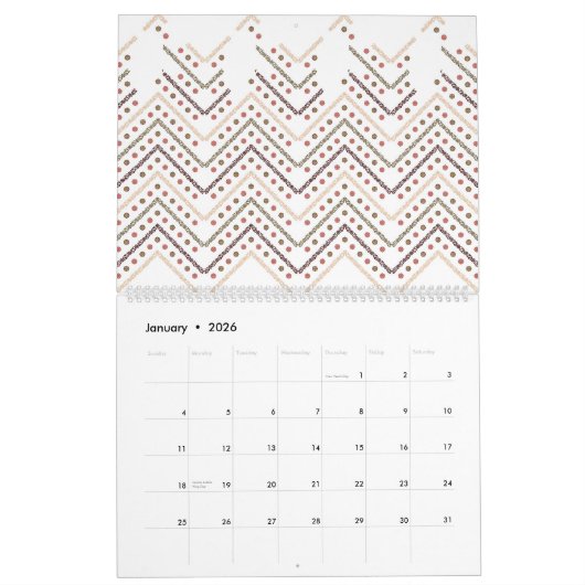 茶色と赤の点を持つ白い背景 カレンダー (1月 2026)