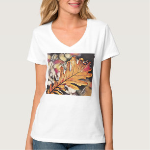 茶色と赤の秋のオーク絵画の葉 Tシャツ