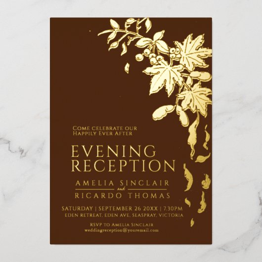 茶色と金の落ち葉の結婚式の披露宴 箔招待状 (正面)