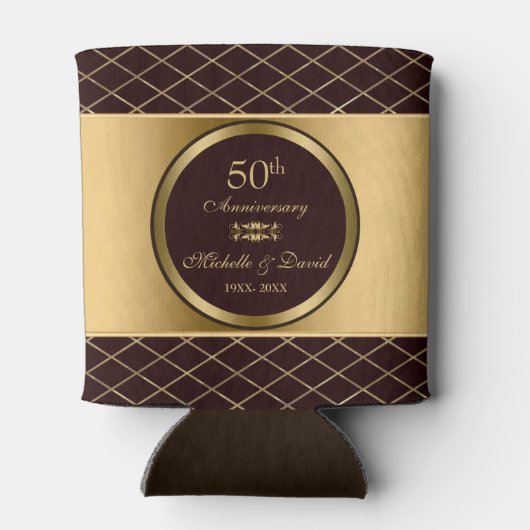 茶色と金ゴールドの幾何学模様 – 50周年記念 缶クーラー (裏面)
