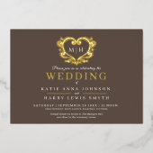 茶色と金ゴールドカスタムハートの結婚写真 箔招待状 (正面)