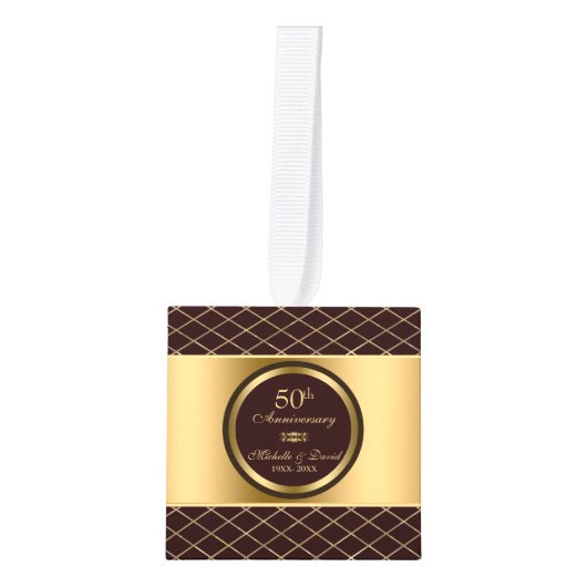茶色と金ゴールド幾何学模様 – 50周年記念 キューブオーナメント (正面)