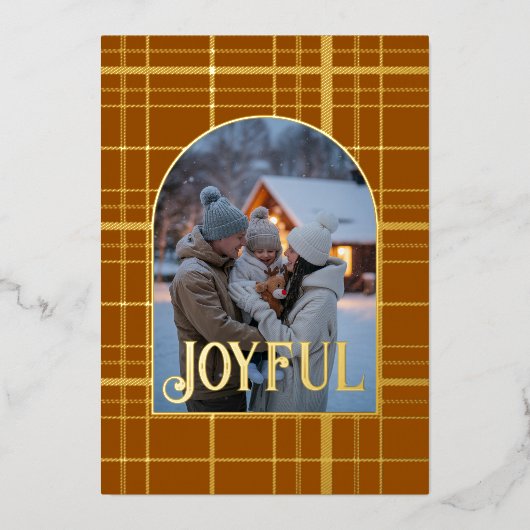 茶色と金色のギンガムチェックのクリスマスホリデー写真 箔シーズンカード (正面)