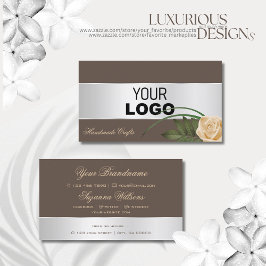 茶色と銀の装飾かわいいバラの花とロゴ 名刺