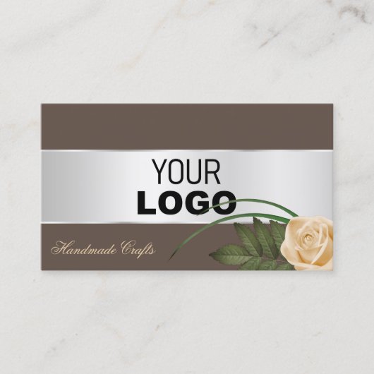 茶色と銀の装飾かわいいバラの花とロゴ 名刺 (正面)