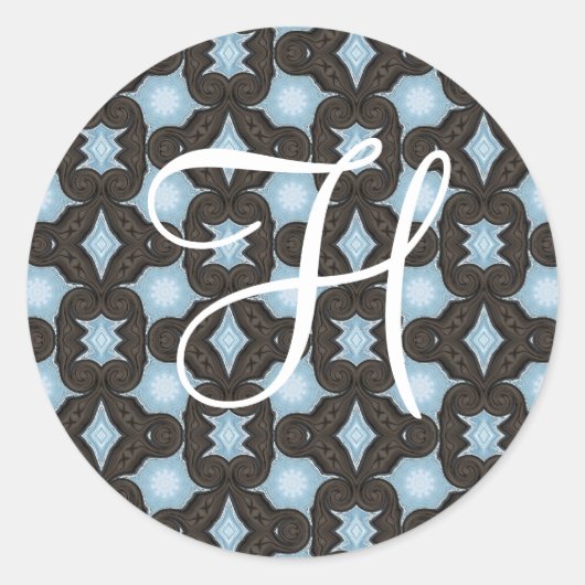 茶色と青のおもしろいイニシャル ラウンドシール (正面)