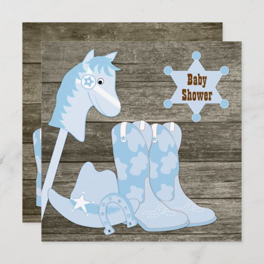 茶色と青のカウボーイブーツカウボーイベビーシャワー 招待状 (正面/裏面)
