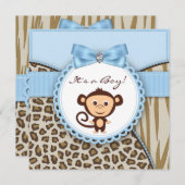 茶色と青のサルの赤ちゃんシャワー 招待状 (正面/裏面)