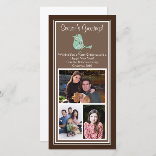 茶色と青のフローラバードクリスマス3枚のフォトカード シーズンカード (正面/裏面)