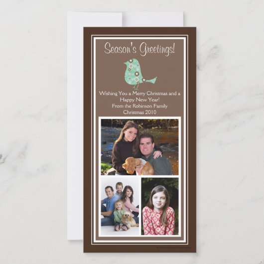 茶色と青のフローラバードクリスマス3枚のフォトカード シーズンカード (正面)