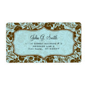 茶色と青のレトロの花と葉柄 ラベル (正面)