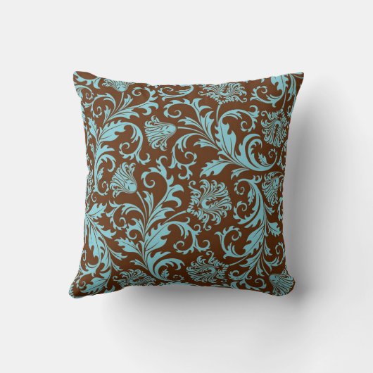 茶色と青のヴィンテージフローラのマスクのパターン クッション (裏面)