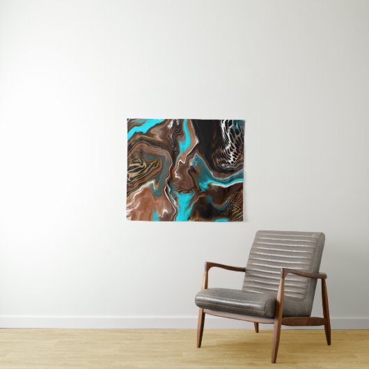 茶色と青の大理石の流体アート タペストリー (インサイチュ(横))