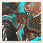 茶色と青の大理石スワール流体アート ガラスコースター (正面)