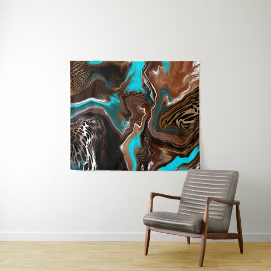 茶色と青の大理石スワール流体アート タペストリー (インサイチュ(横))