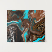 茶色と青の大理石スワール流体アート タペストリー (正面(横))