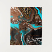茶色と青の大理石スワール流体アート タペストリー (正面)
