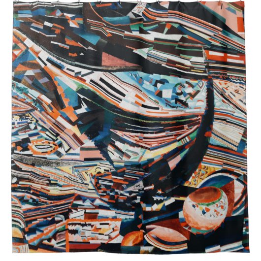 茶色と青の木製ボートの積み重ね シャワーカーテン (正面)