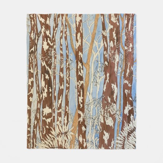 茶色と青の森の中絵を描毛布 フリースブランケット (正面)