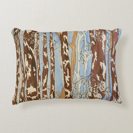 茶色と青の森の絵を描枕 アクセントクッション (正面)