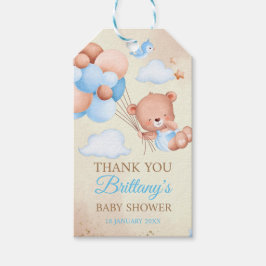 茶色と青の風船と雲を持つテディベア ギフトタグ