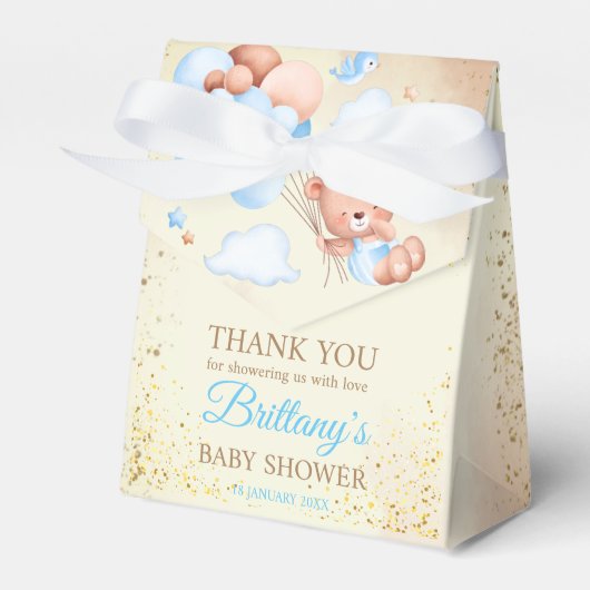 茶色と青の風船と雲を持つテディベア フェイバーボックス (正面サイド)