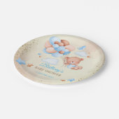 茶色と青の風船と雲を持つテディベア ペーパープレート (アングル)