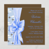 茶色と青の飛行機の男の赤ちゃんシャワー 招待状 (正面/裏面)