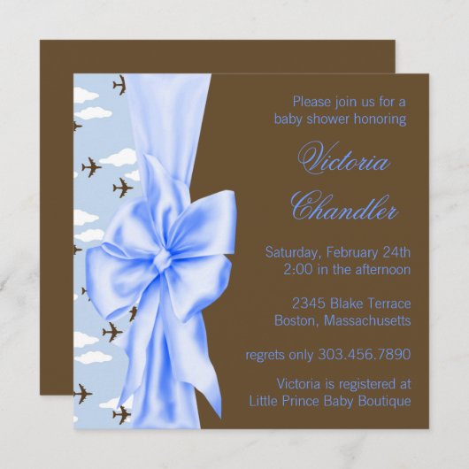 茶色と青の飛行機の男の赤ちゃんシャワー 招待状 (正面/裏面)