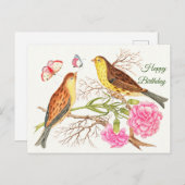茶色と黄色の鳥2羽が枝に止まっている、誕生日 ポストカード (正面/裏面)
