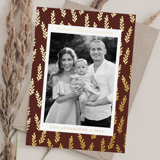 茶色と黄金色の葉の写真感謝祭 箔シーズンカード