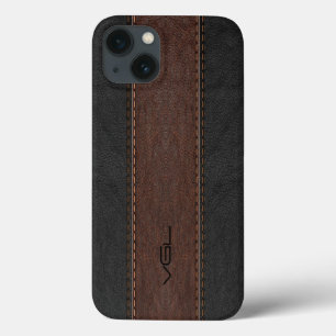 茶色と黒のステッチされた革のストライプ iPhone 13ケース