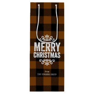 茶色と黒のバフアローチェックのルースチッククリスマス ワインギフトバッグ