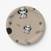 茶色と黒の魚の骨のパピー犬の誕生日パーティー ペーパープレート (正面)