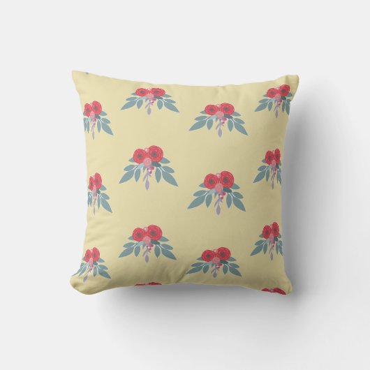 茶色には赤い花葉と緑の花 クッション (正面)