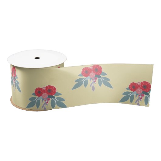 茶色には赤い花葉と緑の花 サテンリボン (リール)