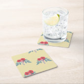 茶色には赤い花葉と緑の花 スクエアペーパーコースター (インサイチュ)