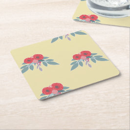 茶色には赤い花葉と緑の花 スクエアペーパーコースター