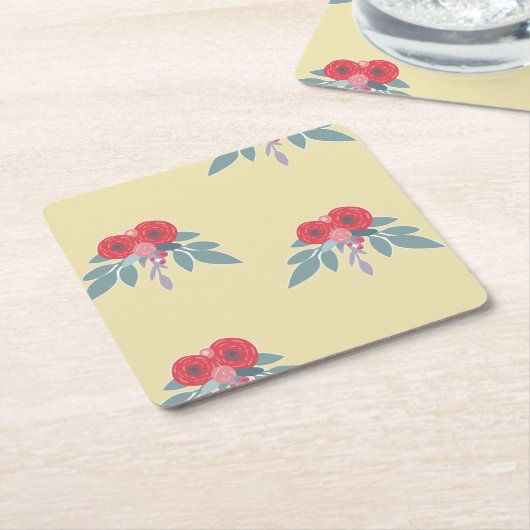 茶色には赤い花葉と緑の花 スクエアペーパーコースター (アングル)