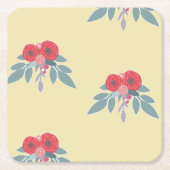 茶色には赤い花葉と緑の花 スクエアペーパーコースター (正面)