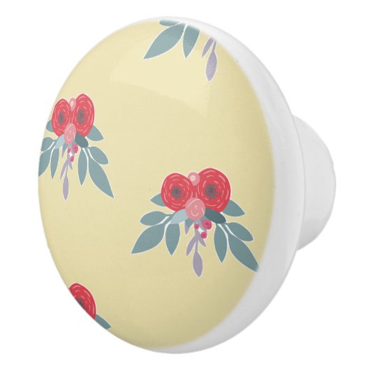 茶色には赤い花葉と緑の花 セラミックノブ (右)