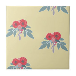 茶色には赤い花葉と緑の花 タイル