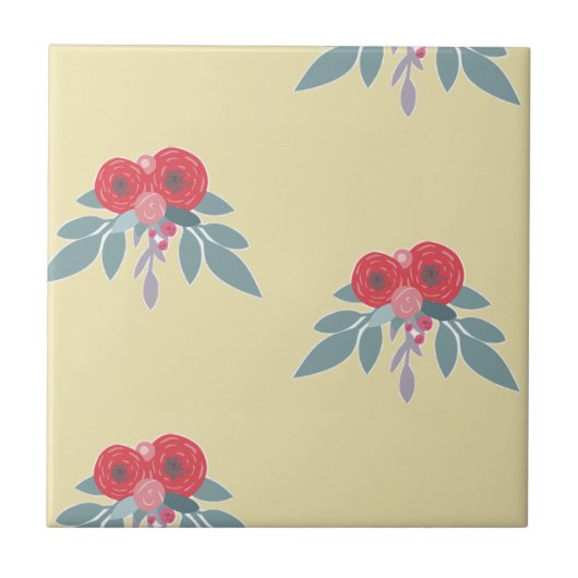 茶色には赤い花葉と緑の花 タイル (正面)