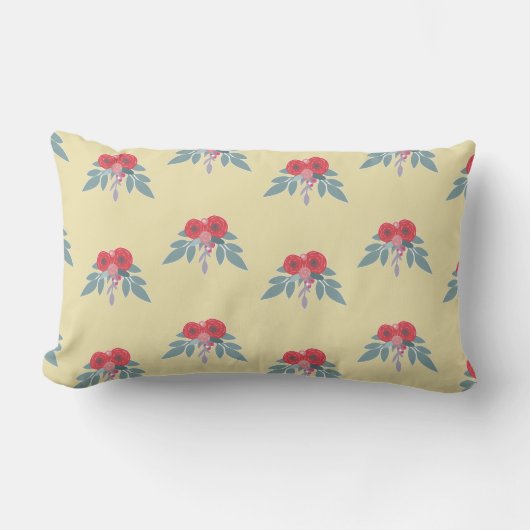 茶色には赤い花葉と緑の花 ランバークッション (正面)