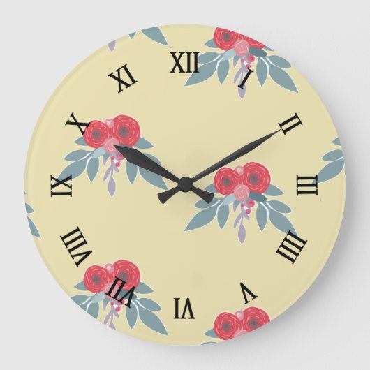 茶色には赤い花葉と緑の花 ラージ壁時計 (正面)